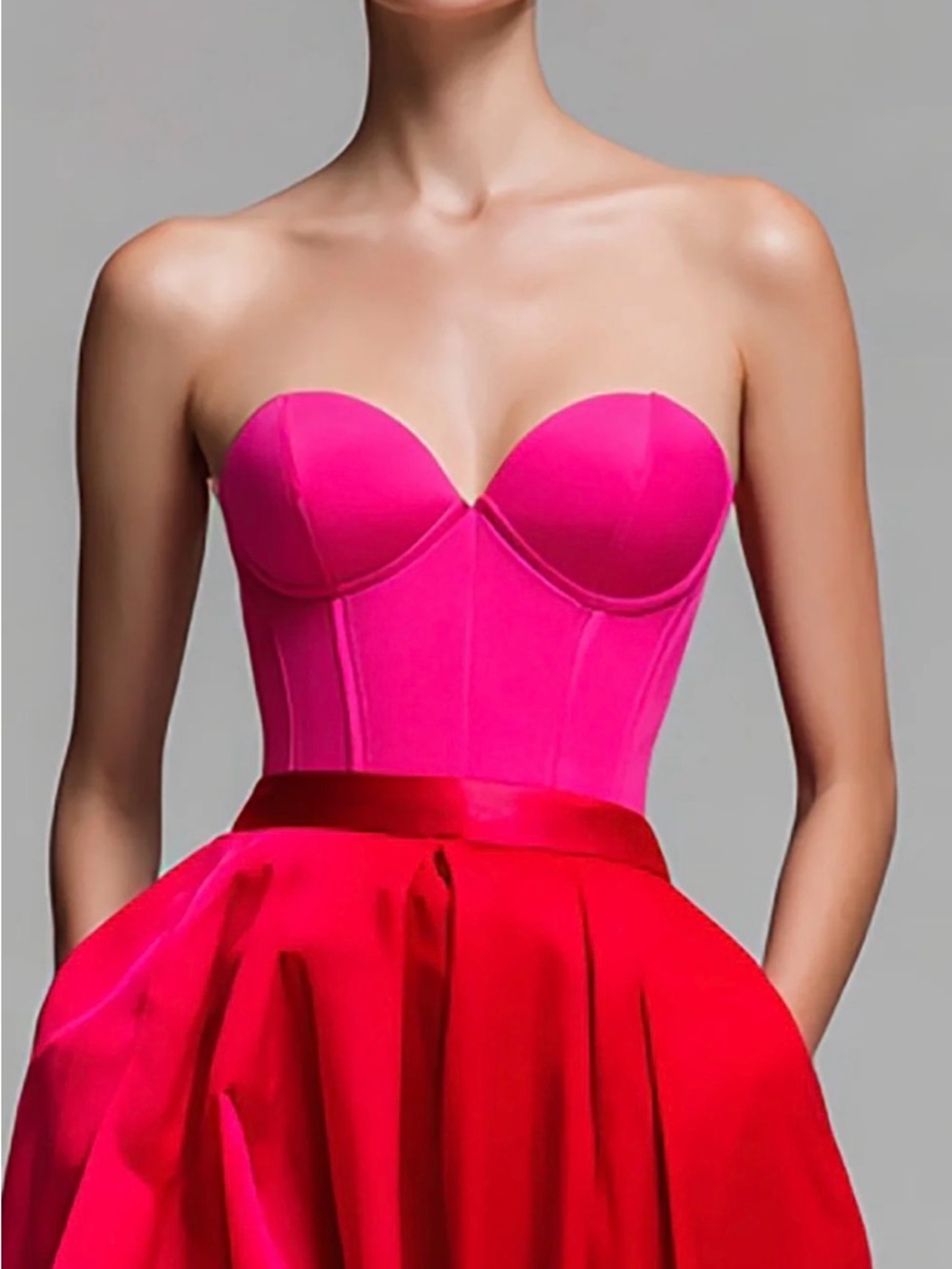 Two-Tone Strapless Pink & Red Evening Gown - Picture 2 of 9